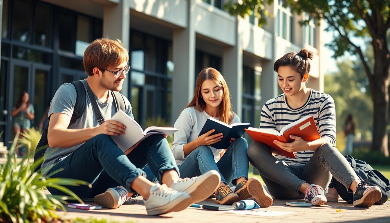 Students studying together in modern classroom